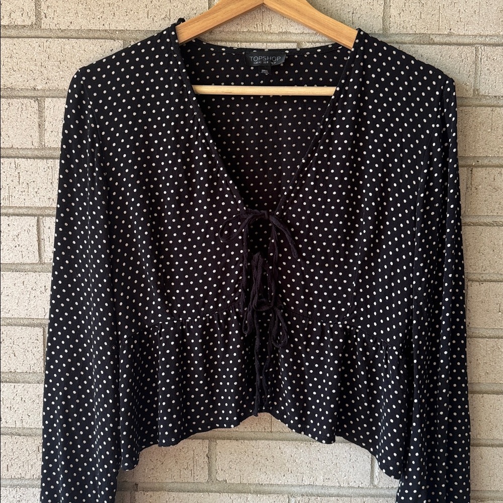 Topshop Black Polka Dot Lace-Up Peplum Blouse • Size 8 • Tie-Front Boho Crop Top - Picture 2 of 6